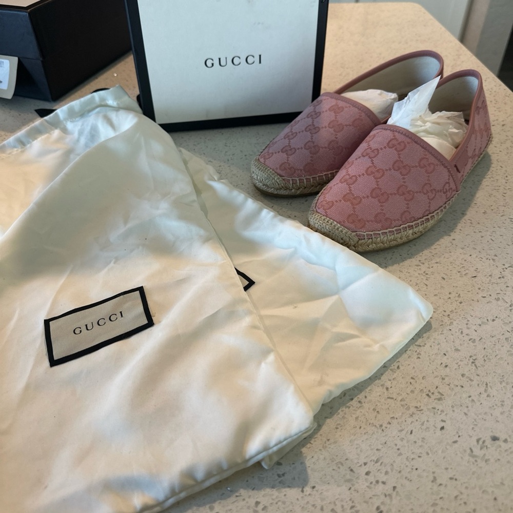 Gucci Women Espadrille Pink Canvas Micro GG Flats Size 38 Women